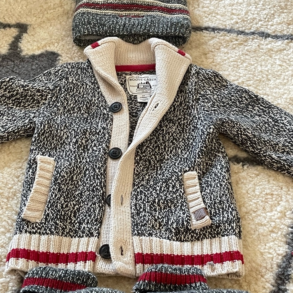Roots Cabin brand from Canada, beanie, sweater and shoes